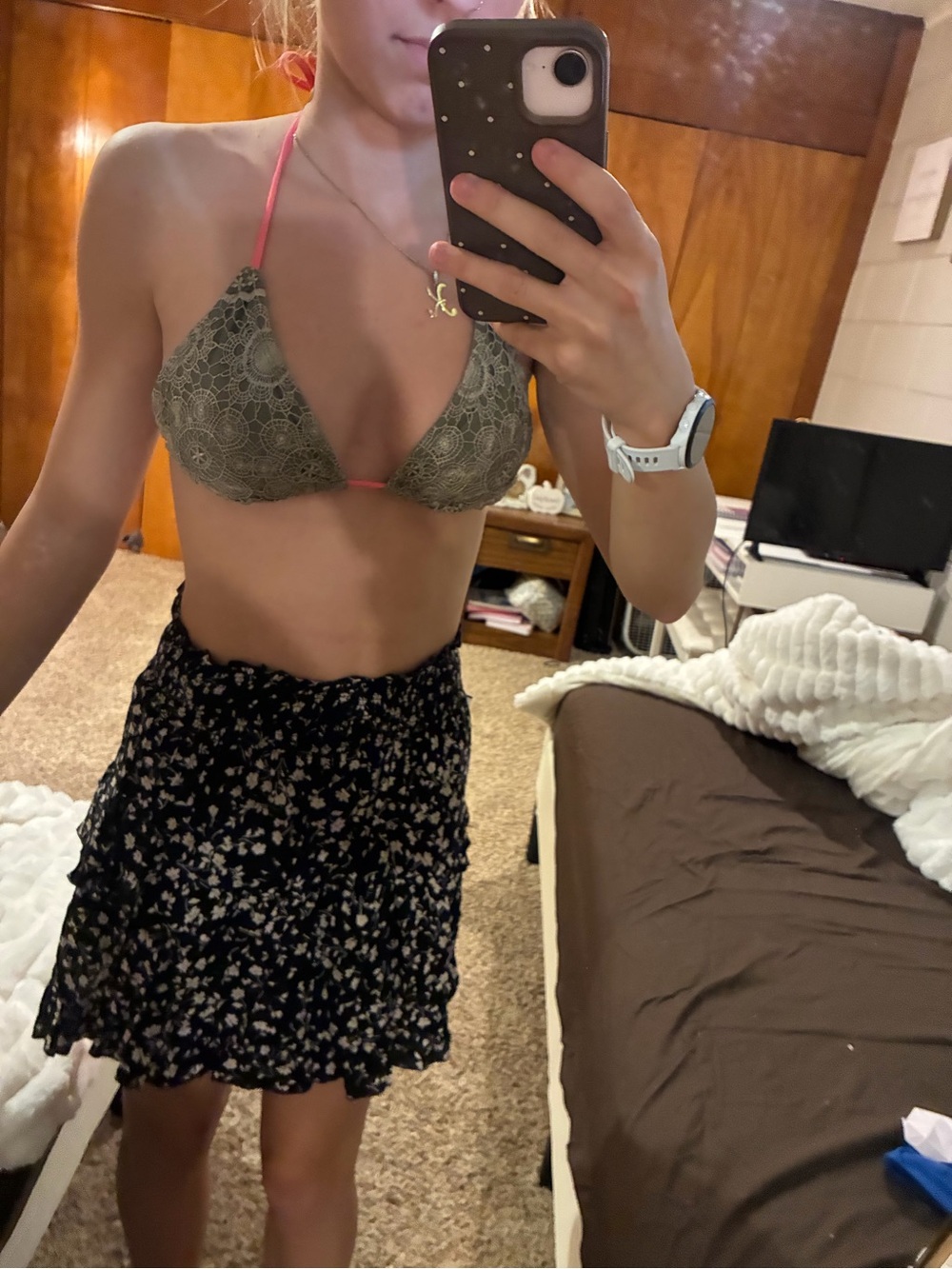 Xhilaration Olive Green Lace Bandeau with Pink Straps